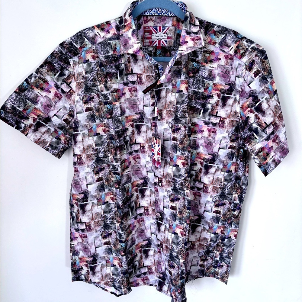 7 Downie St London Couture Men’s NWT Short Sleeve Geometric Multicolour Size 6